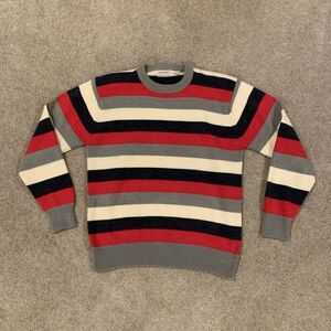 Vintage Brian MacNeil Sweater Mens L Gray Ivory Red Striped Acrylic Pullover 90s